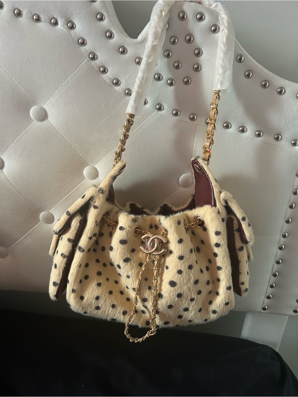 Luxury Polka Dot Faux-Fur Shoulder Bag with Chain Strap